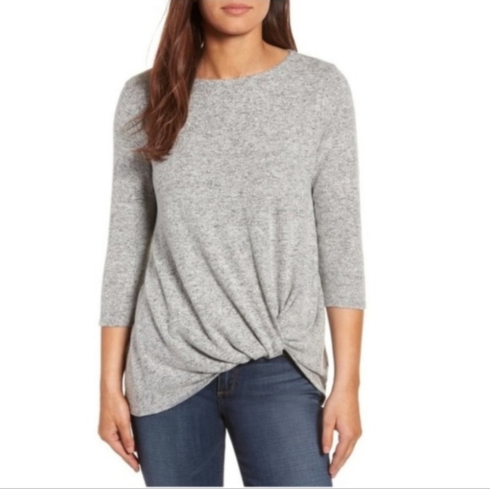 Gibson Twist Front 3/4 Sleeve Shirt, Top Marled Grey Gray Sz Small